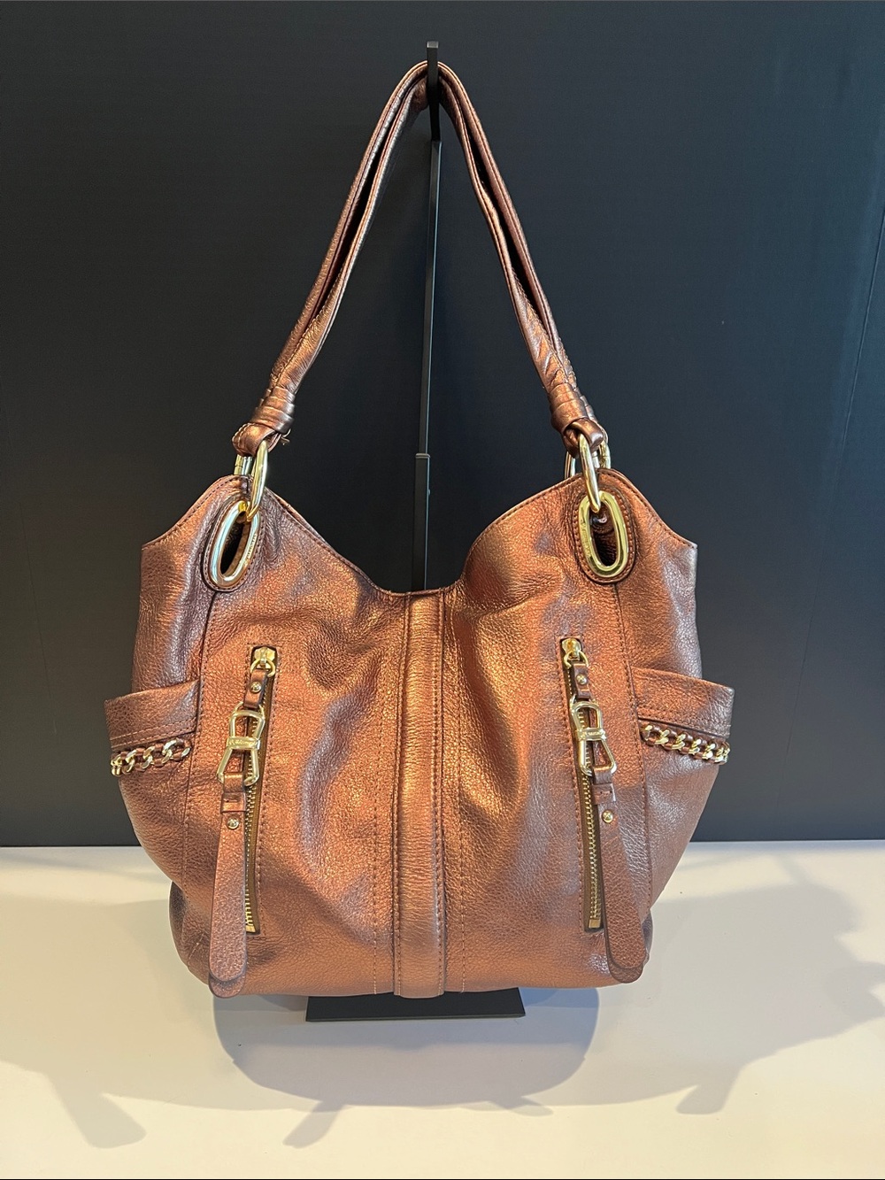 b. makowsky Metallic Bronze Leather Shoulder Tote